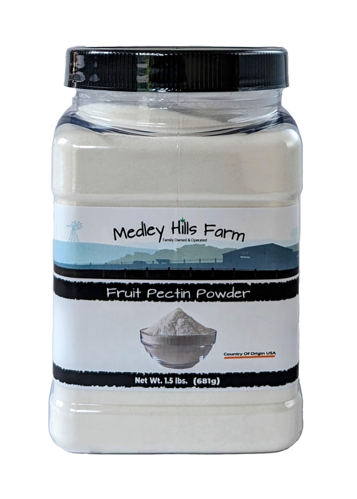 Medley Hills Farm fruit pectin powder in a reusable container for easy storage and canning.