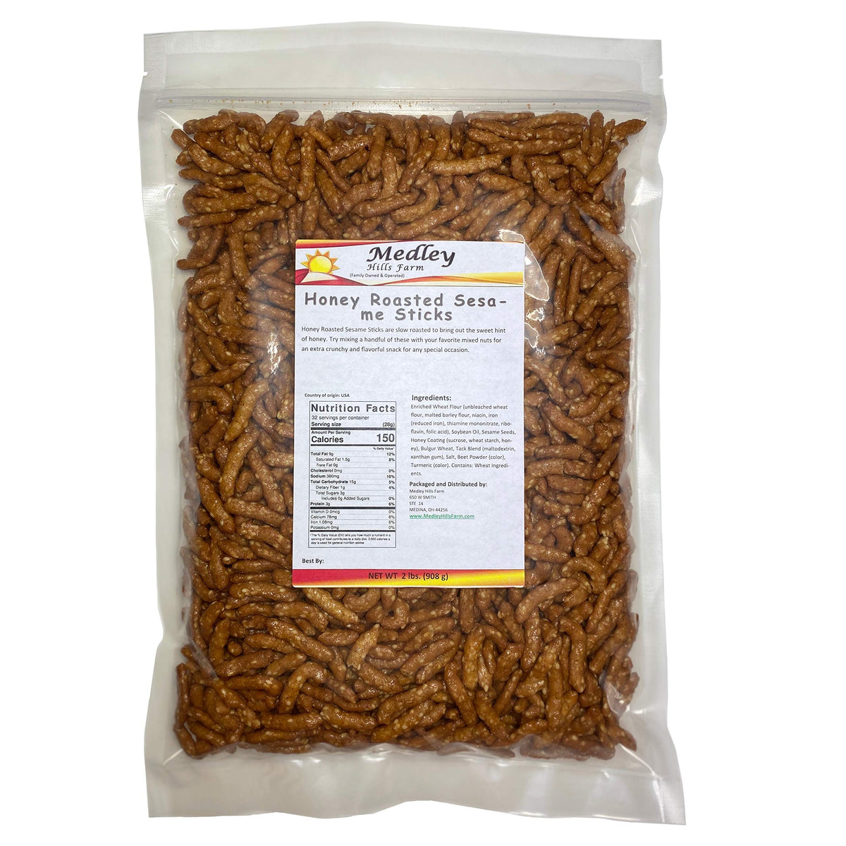 Medley Hills Farm honey roasted sesame sticks in resealable bag for fresh snacking