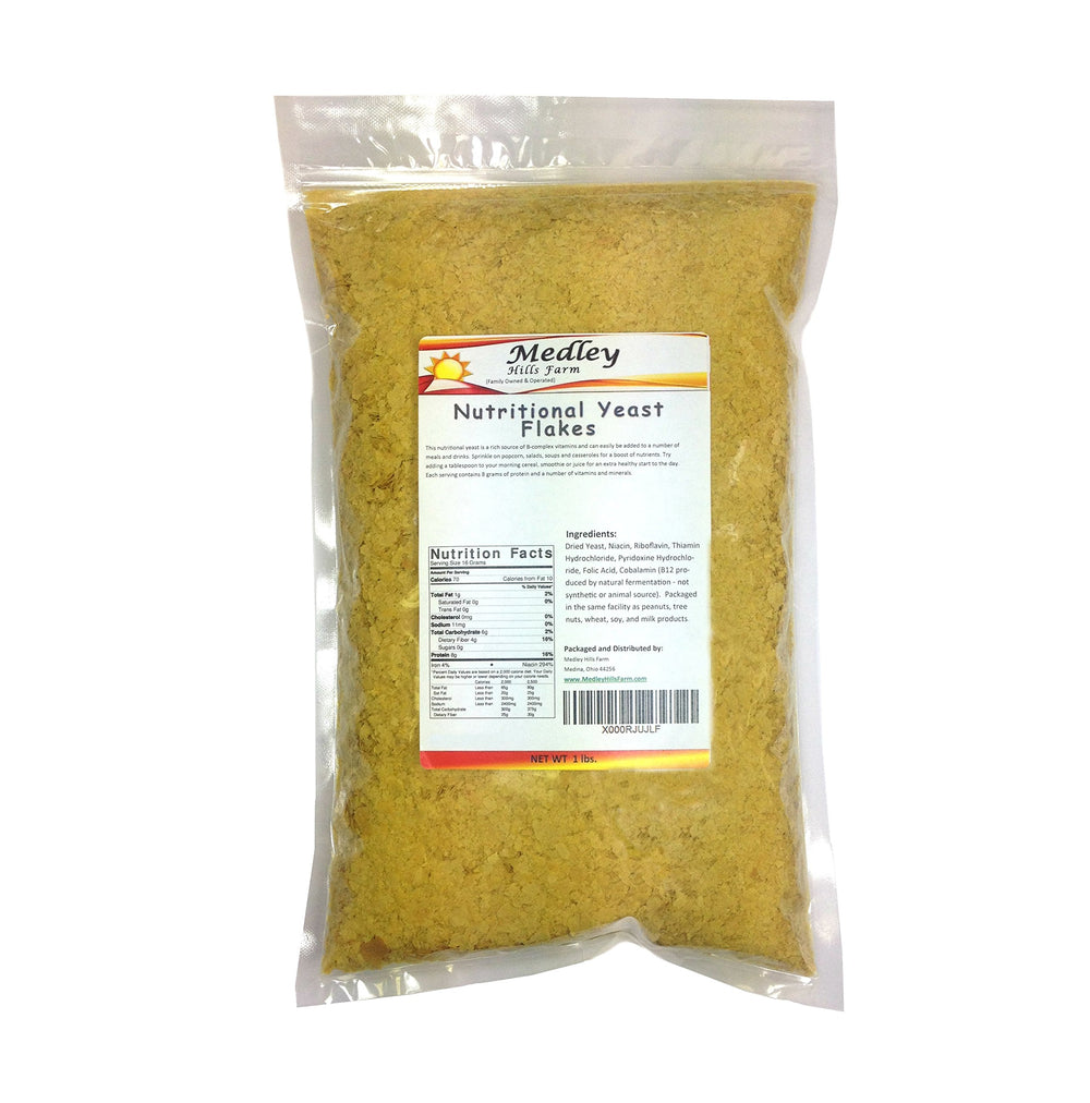 Medley Hills Farm nutritional yeast flakes in a resealable bag, ideal cheese substitute.