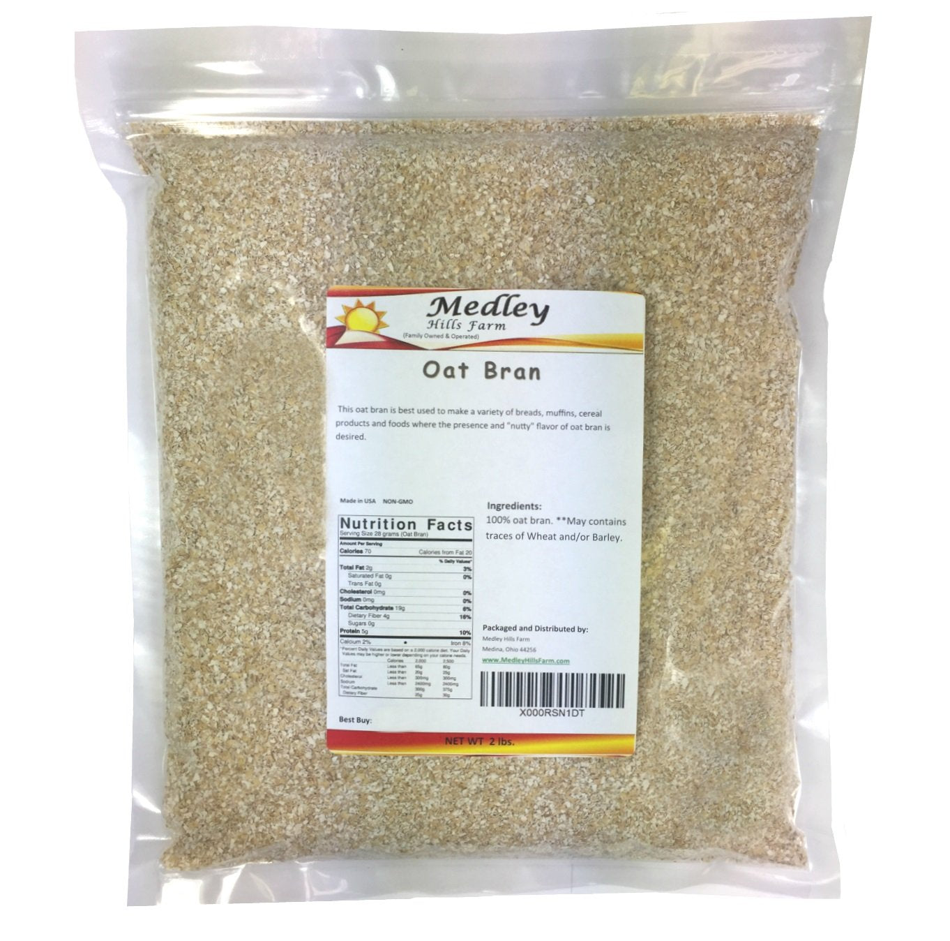 Medley Hills Farm oat bran bag close-up, heat-sealed packaging preserves freshness.
