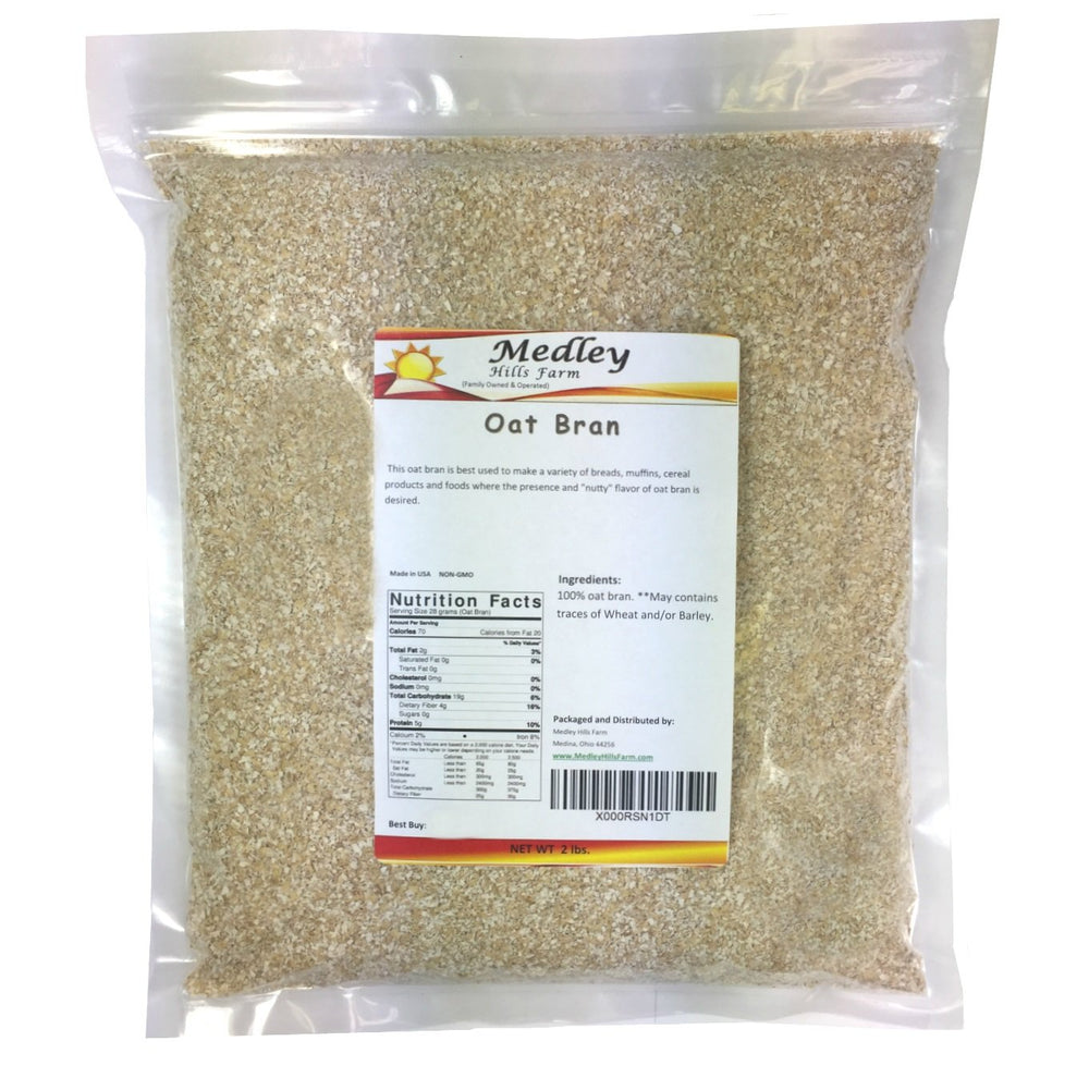 Medley Hills Farm oat bran bag close-up, heat-sealed packaging preserves freshness.