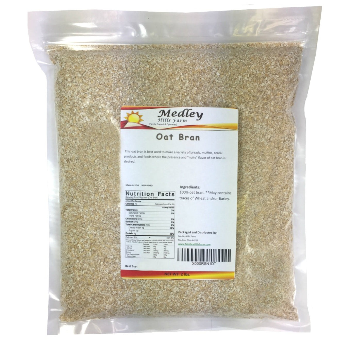 Medley Hills Farm oat bran bag close-up, heat-sealed packaging preserves freshness.
