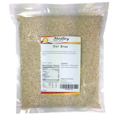 Medley Hills Farm oat bran bag close-up, heat-sealed packaging preserves freshness.