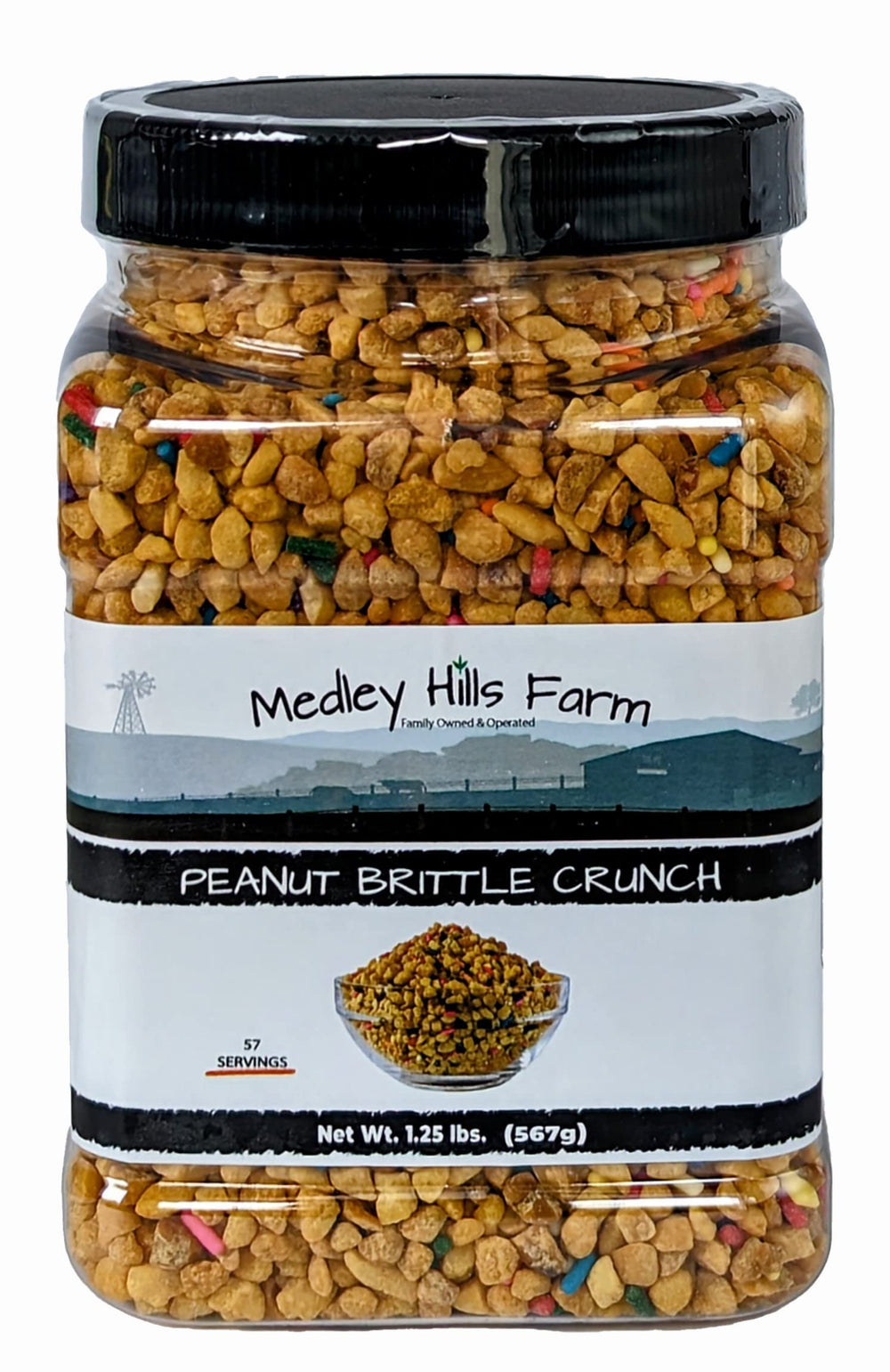Medley Hills Farm Peanut Brittle Crunch Coat topping in a reusable container, ideal for ice cream.