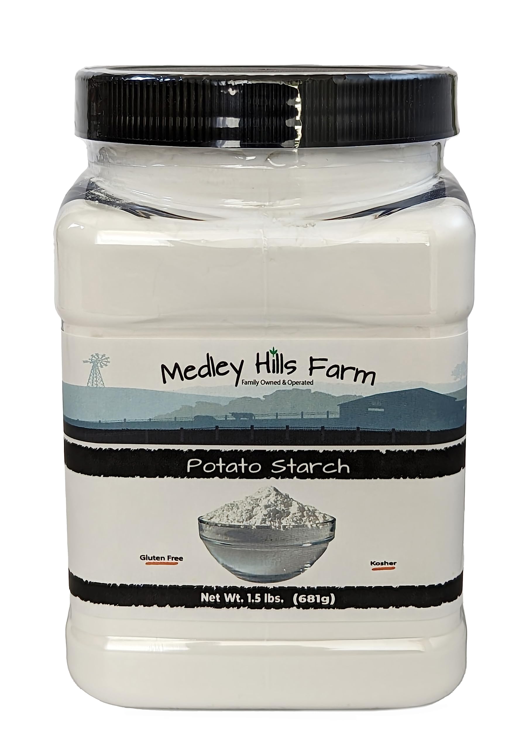 Medley Hills Farm Potato Starch in a reusable container for easy storage.