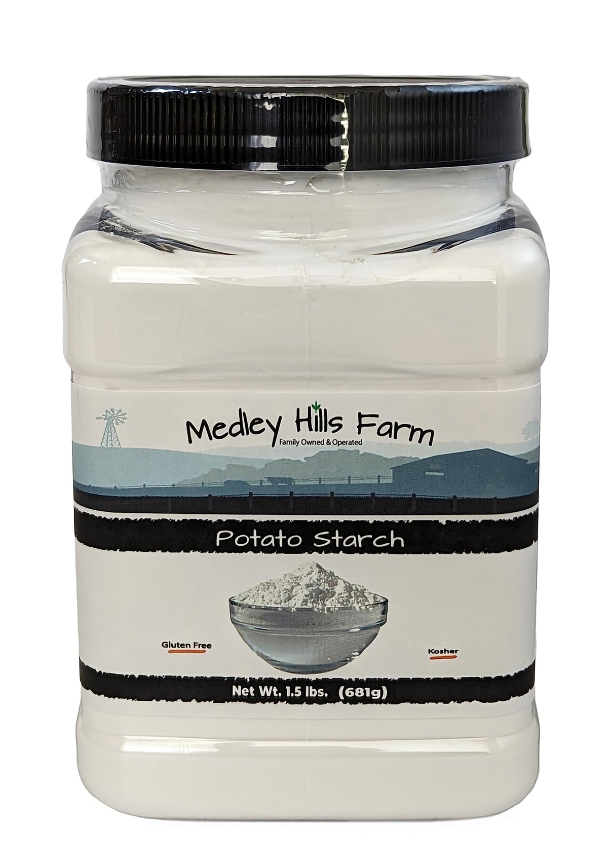 Medley Hills Farm Potato Starch in a reusable container for easy storage.