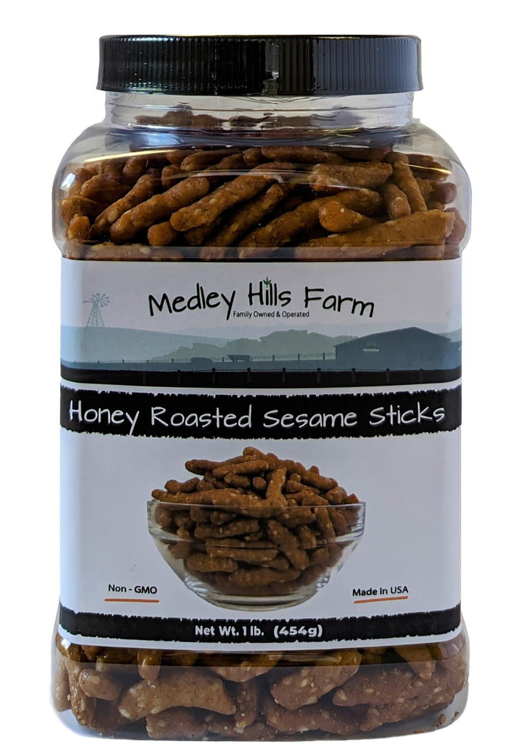 Medley Hills Farm honey roasted sesame sticks packaging emphasizes freshness and convenience.