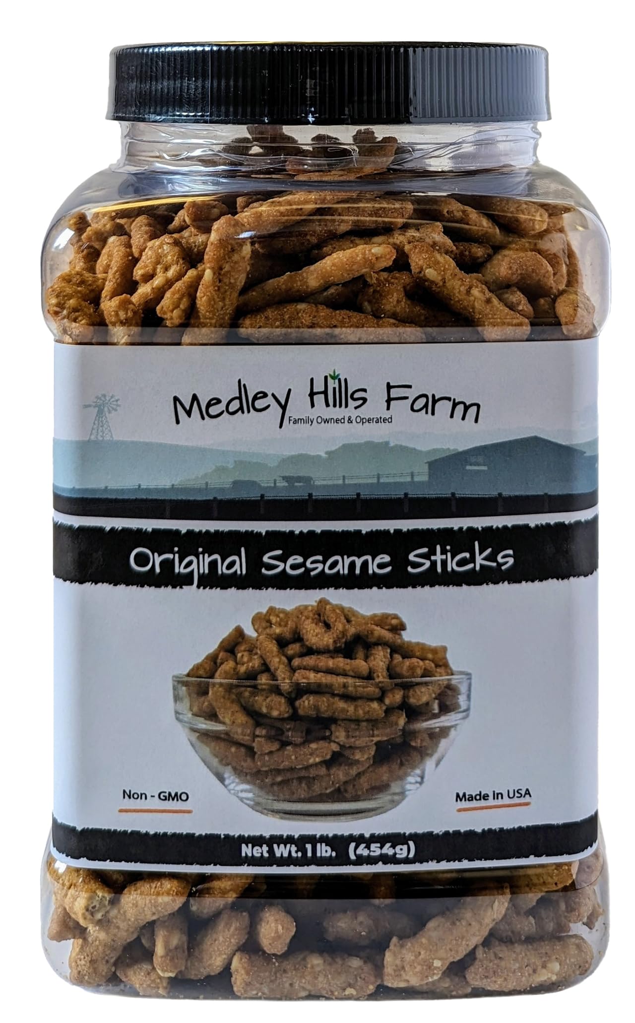 Medley Hills Farm Original Sesame Sticks in reusable container for fresh, convenient snacking.