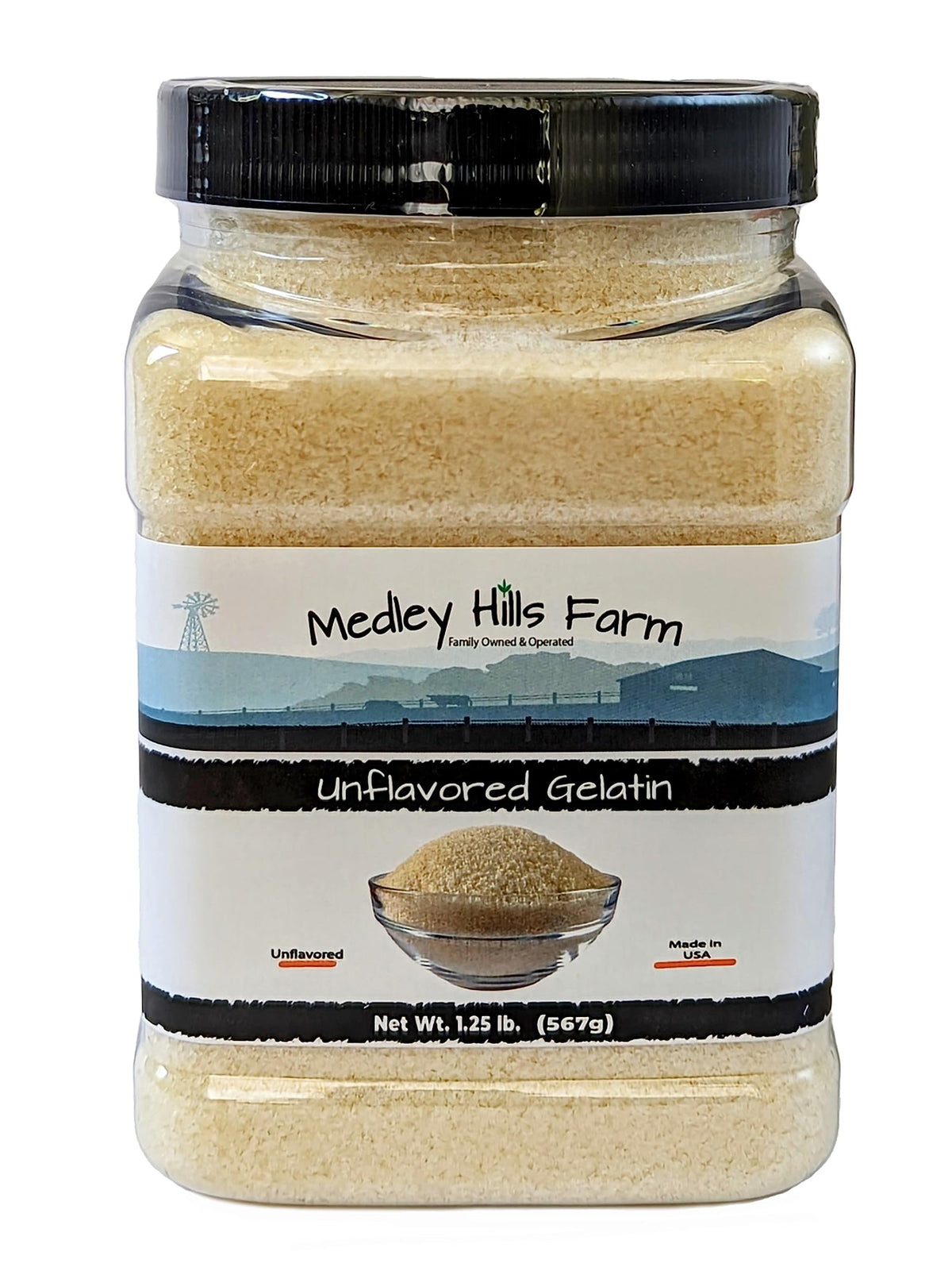 Medley Hills Farm unflavored gelatin powder in reusable container for easy storage and quick use.