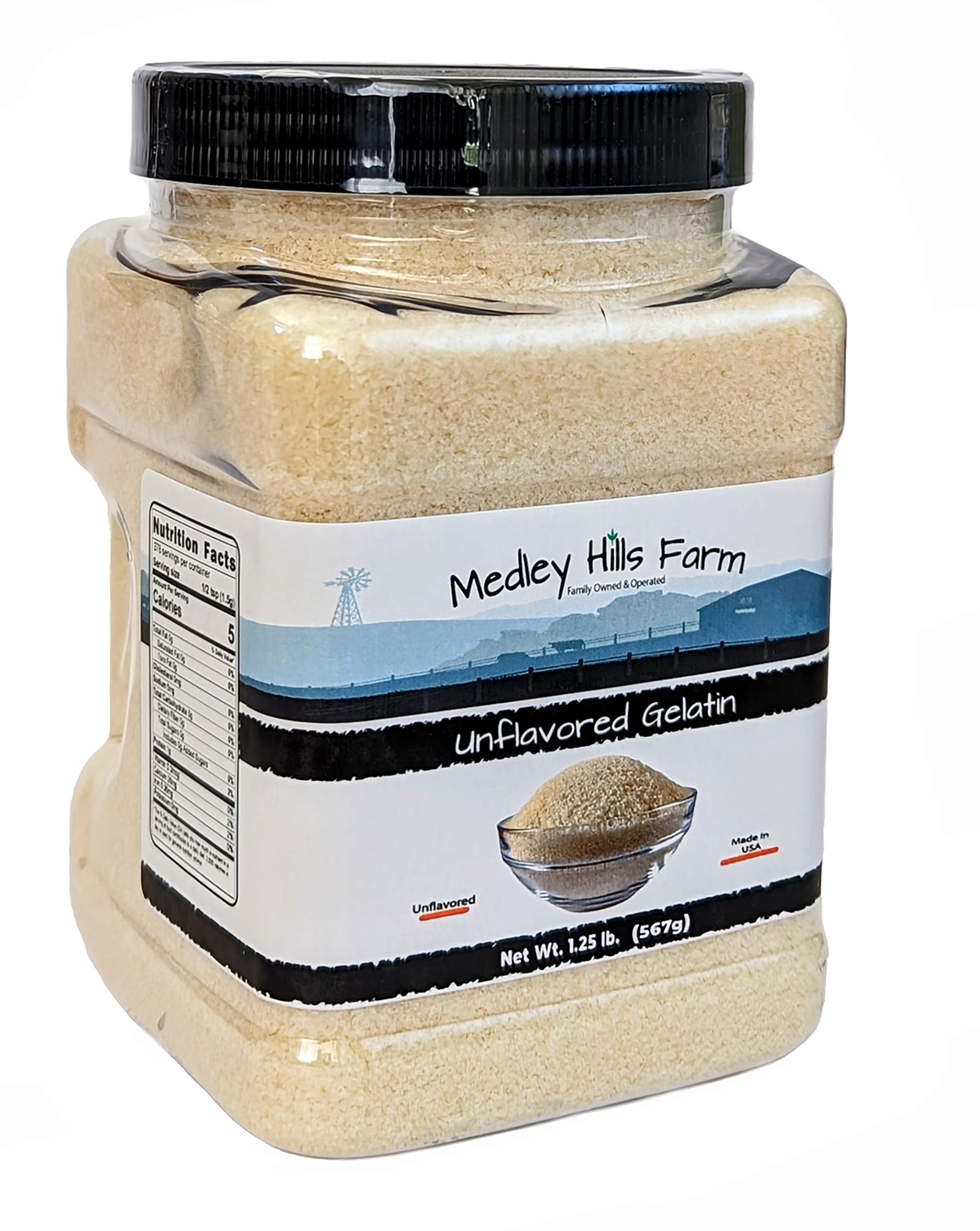 Medley Hills Farm gelatin powder closeup showing granules ready to bloom in hot liquids.