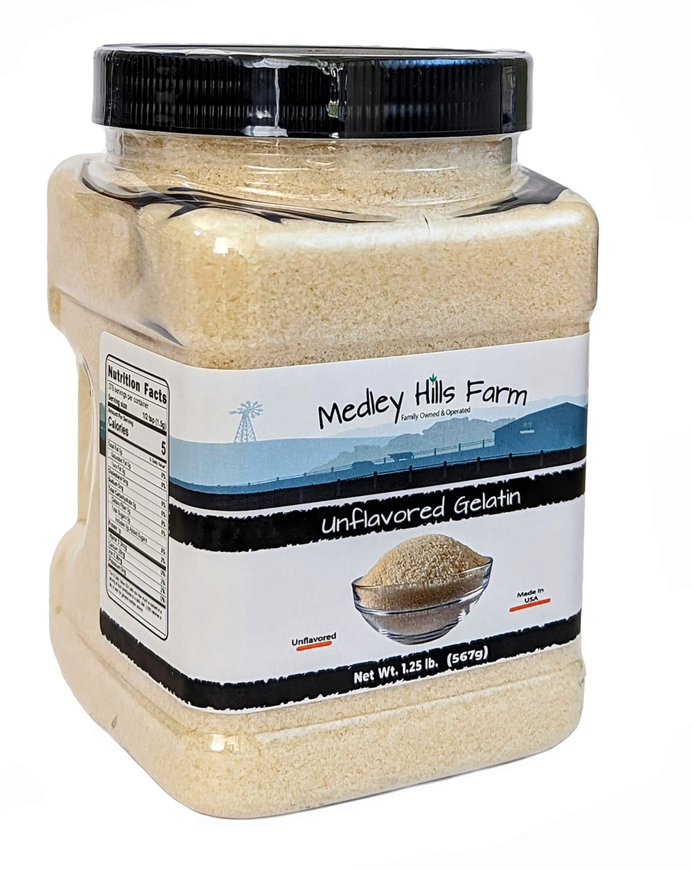 Medley Hills Farm gelatin powder closeup showing granules ready to bloom in hot liquids.