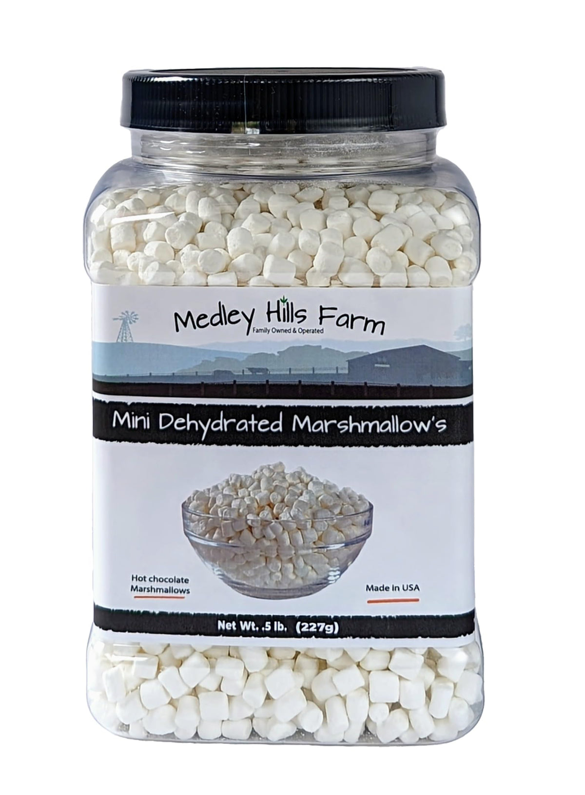 Medley Hills Farm vanilla mini dehydrated marshmallows container for easy storage and topping versatility