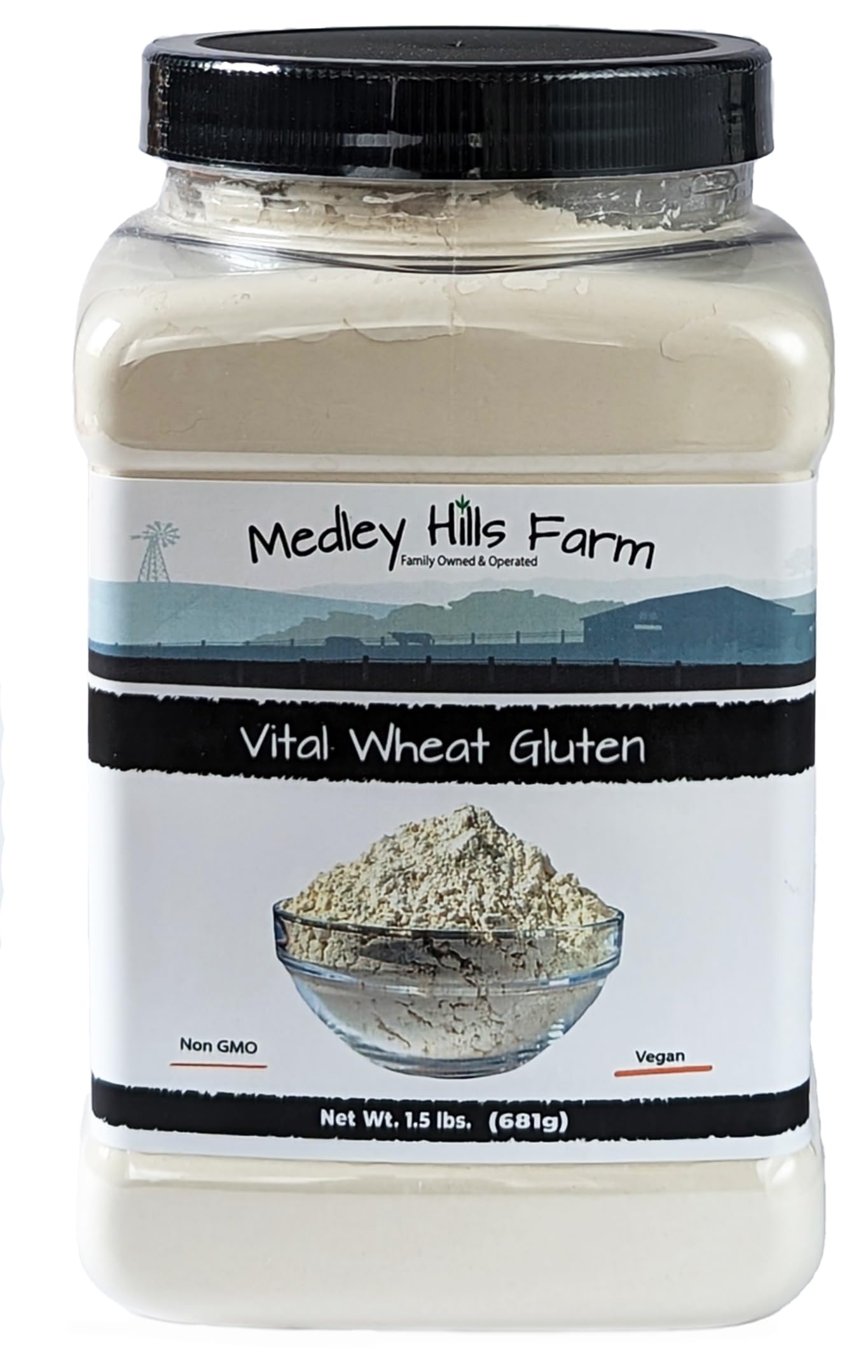 Medley Hills Farm Vital Wheat Gluten container ready for storage and frequent use.