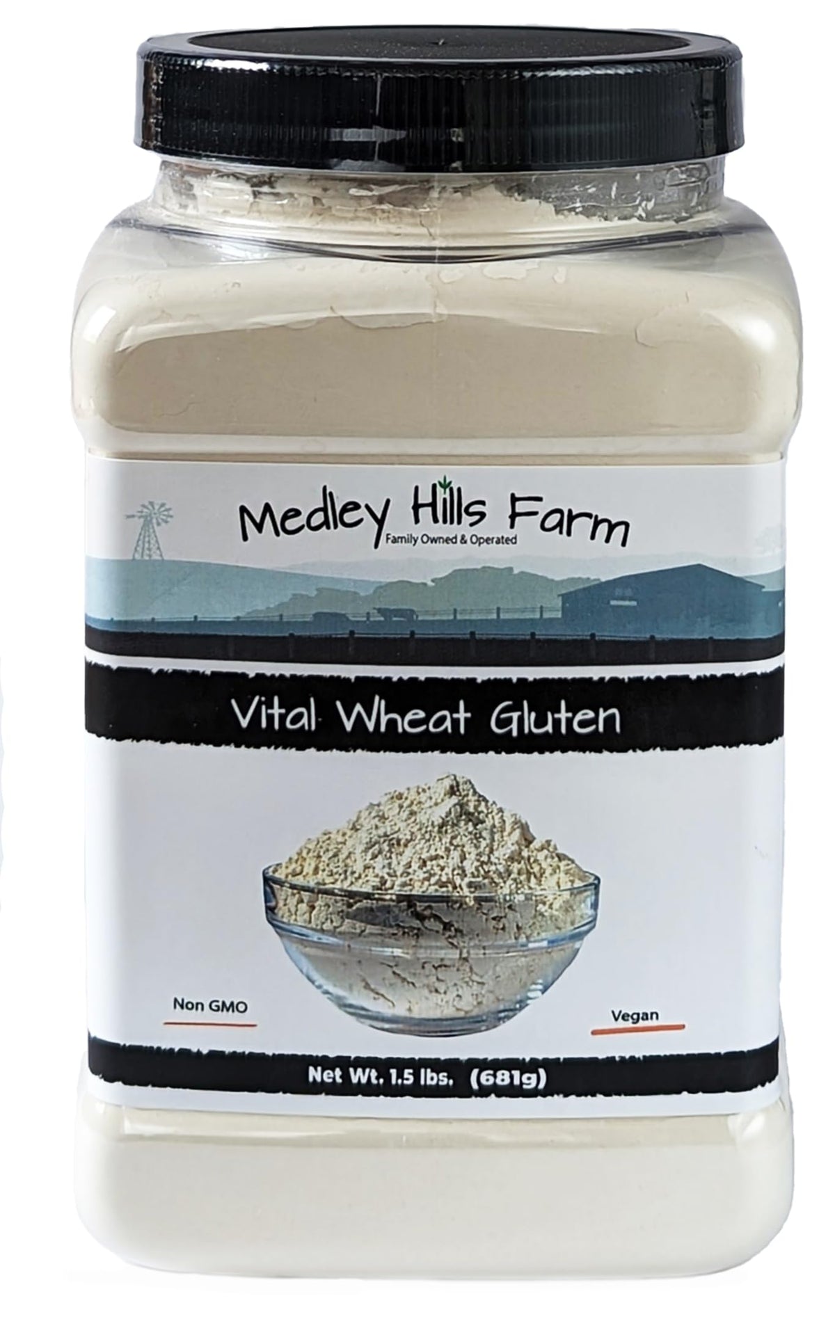 Medley Hills Farm Vital Wheat Gluten container ready for storage and frequent use.