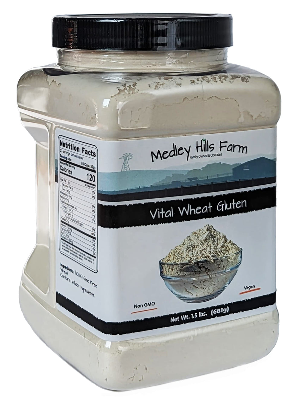 Medley Hills Farm Vital Wheat Gluten powder measuring into a bowl for dough.