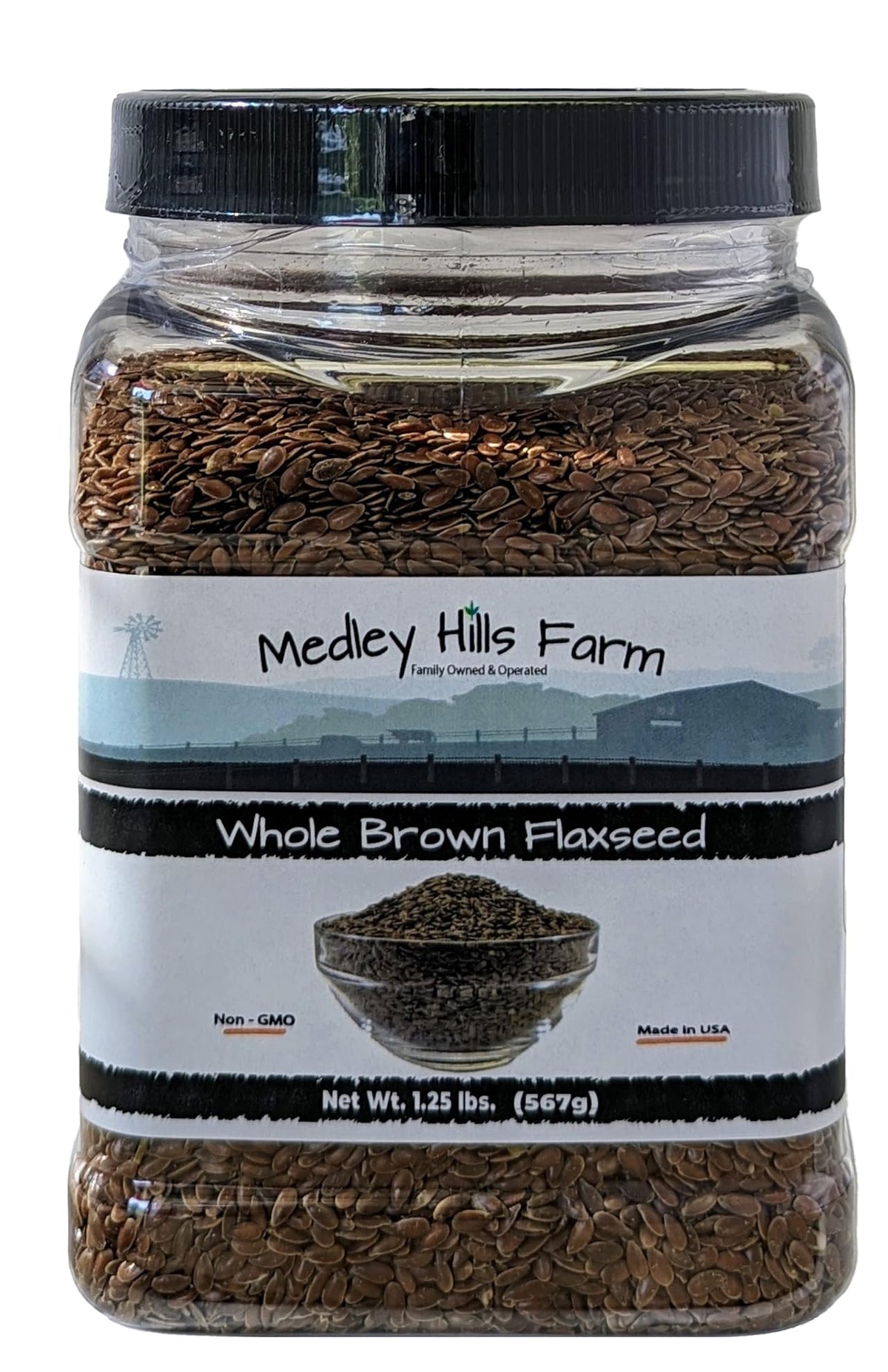 Medley Hills Farm whole brown flaxseed in container ready for baking and smoothies
