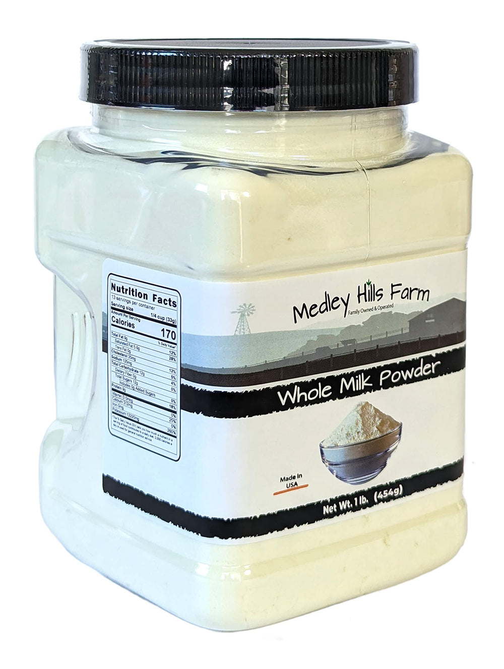 Medley Hills Farm measuring scoop beside milk powder for precise measurement