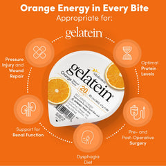 Medtrition Gelatein Orange dense gelatin emphasizes concentrated nutrition for restricted diets.