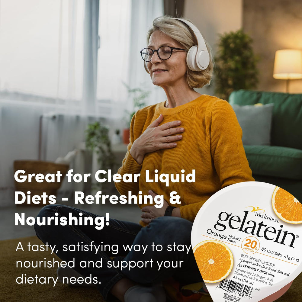 Medtrition Gelatein Orange diet compatibility chart graphic outlines broad dietary suitability.