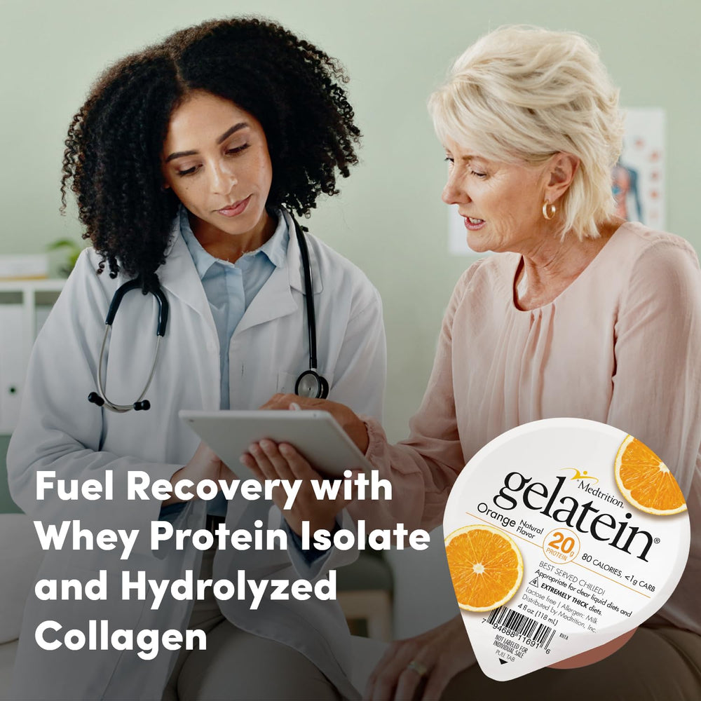 Medtrition Gelatein Orange measuring scoop invites precise portions for consistent protein intake.