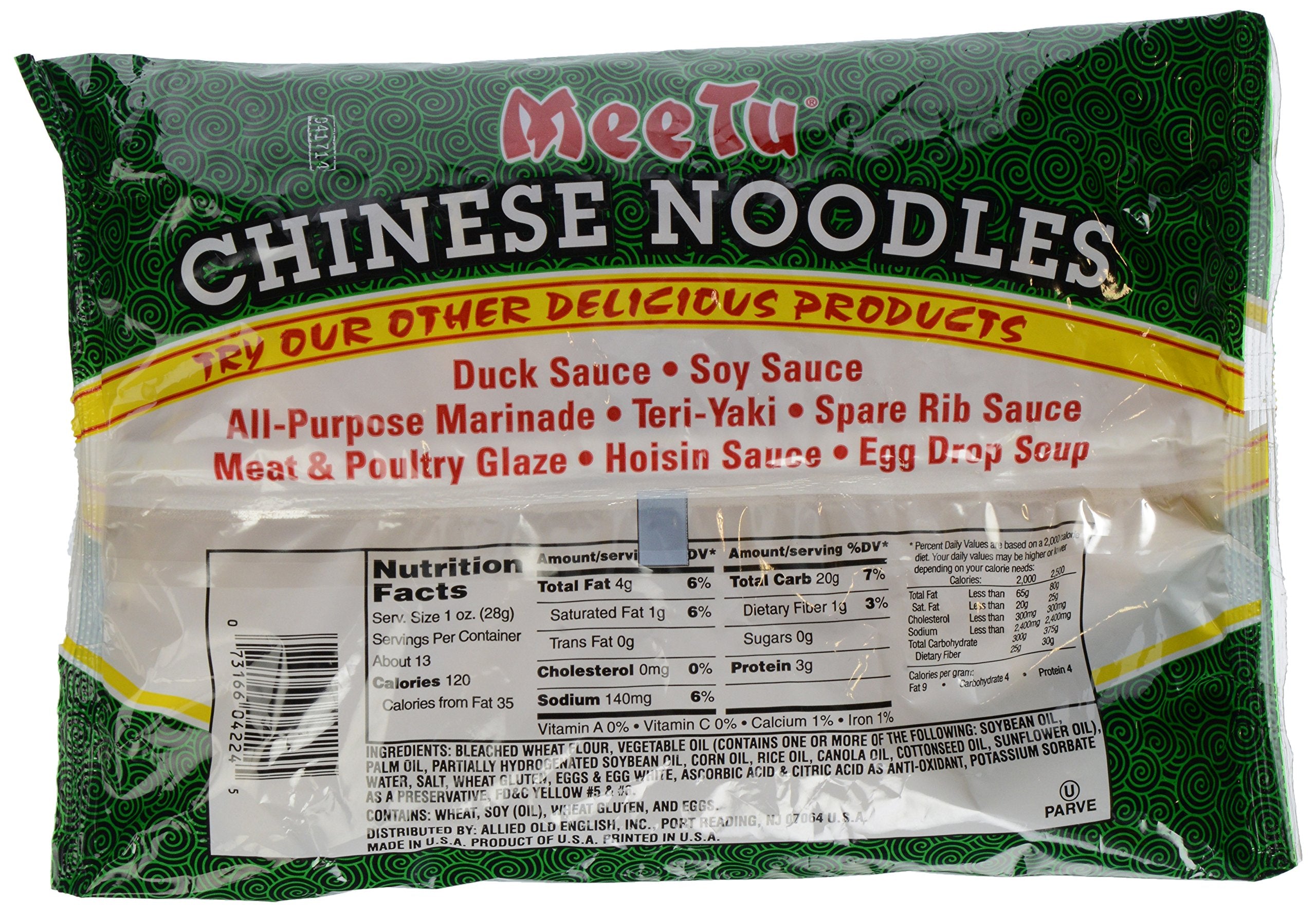 Mee Tu Chinese Noodles 13 oz ingredients label, shows no preservatives