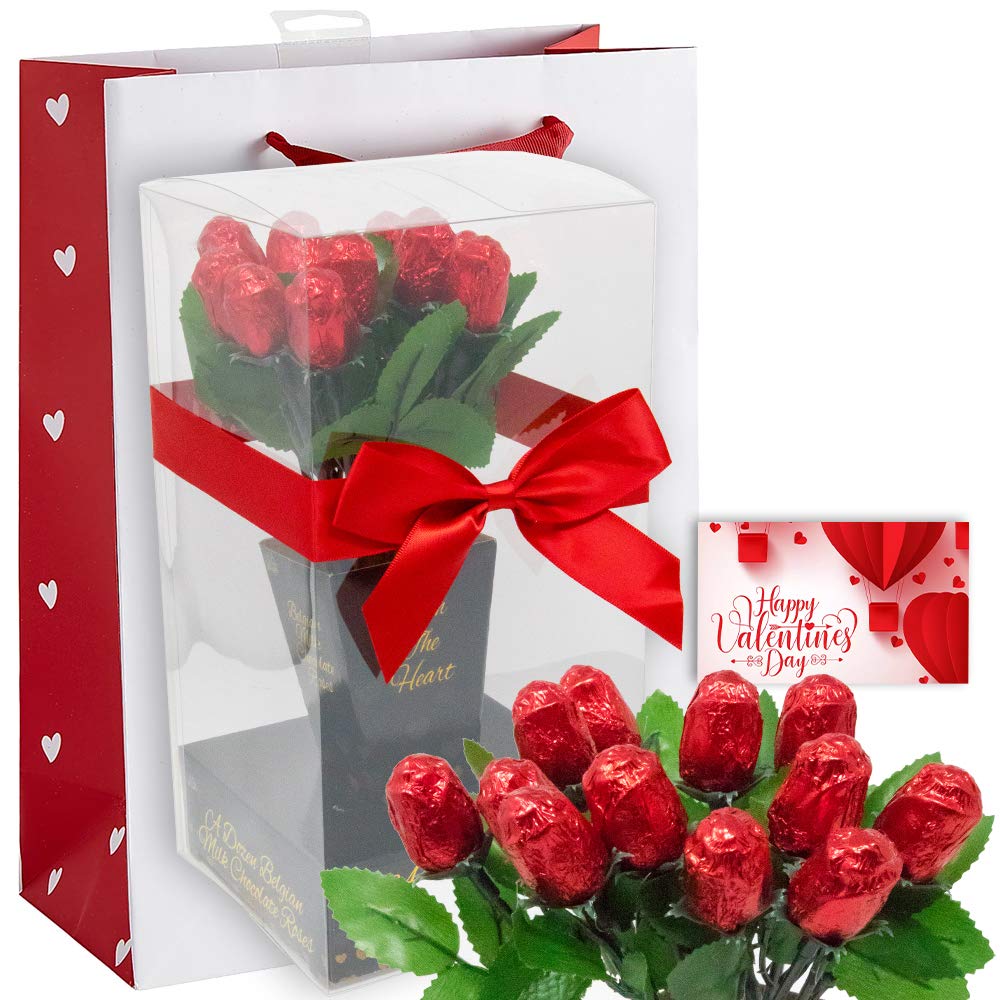 Meet Novelty Valentine chocolate rose bouquet displayed in a clear window box for gifting.