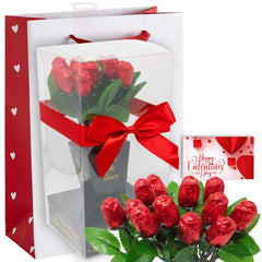 Meet Novelty Valentine chocolate rose bouquet displayed in a clear window box for gifting.