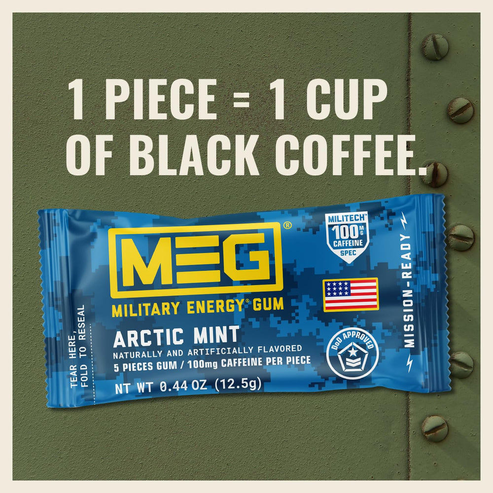 MEG Arctic Mint close-up highlights 100 mg caffeine per piece.