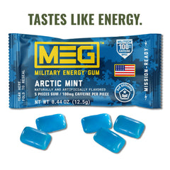 MEG Arctic Mint gum pack open showing individual pieces for quick boosts.