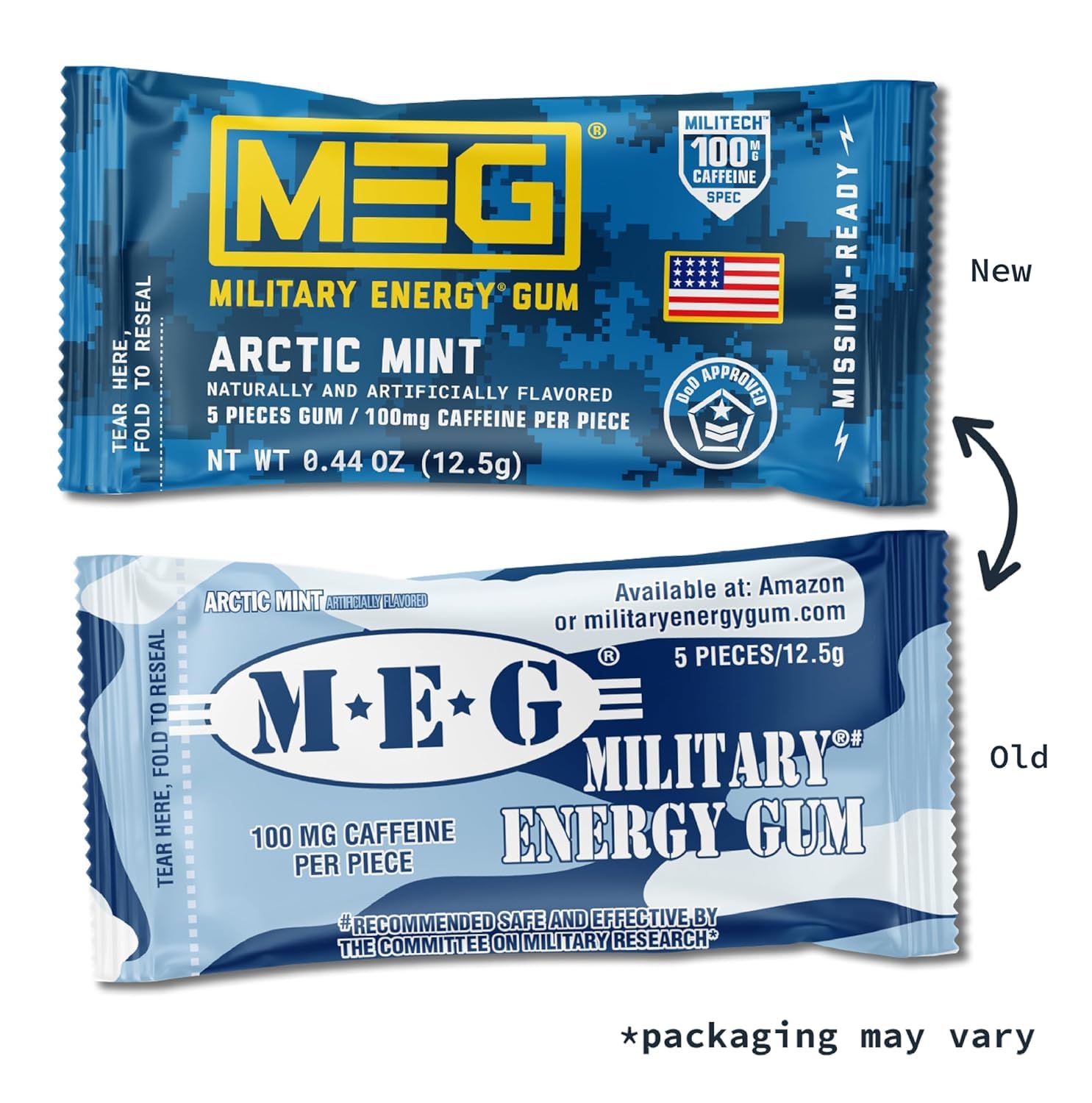 Close-up of MEG Arctic Mint gum piece highlighting mint flavor and caffeine.