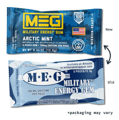 Close-up of MEG Arctic Mint gum piece highlighting mint flavor and caffeine.