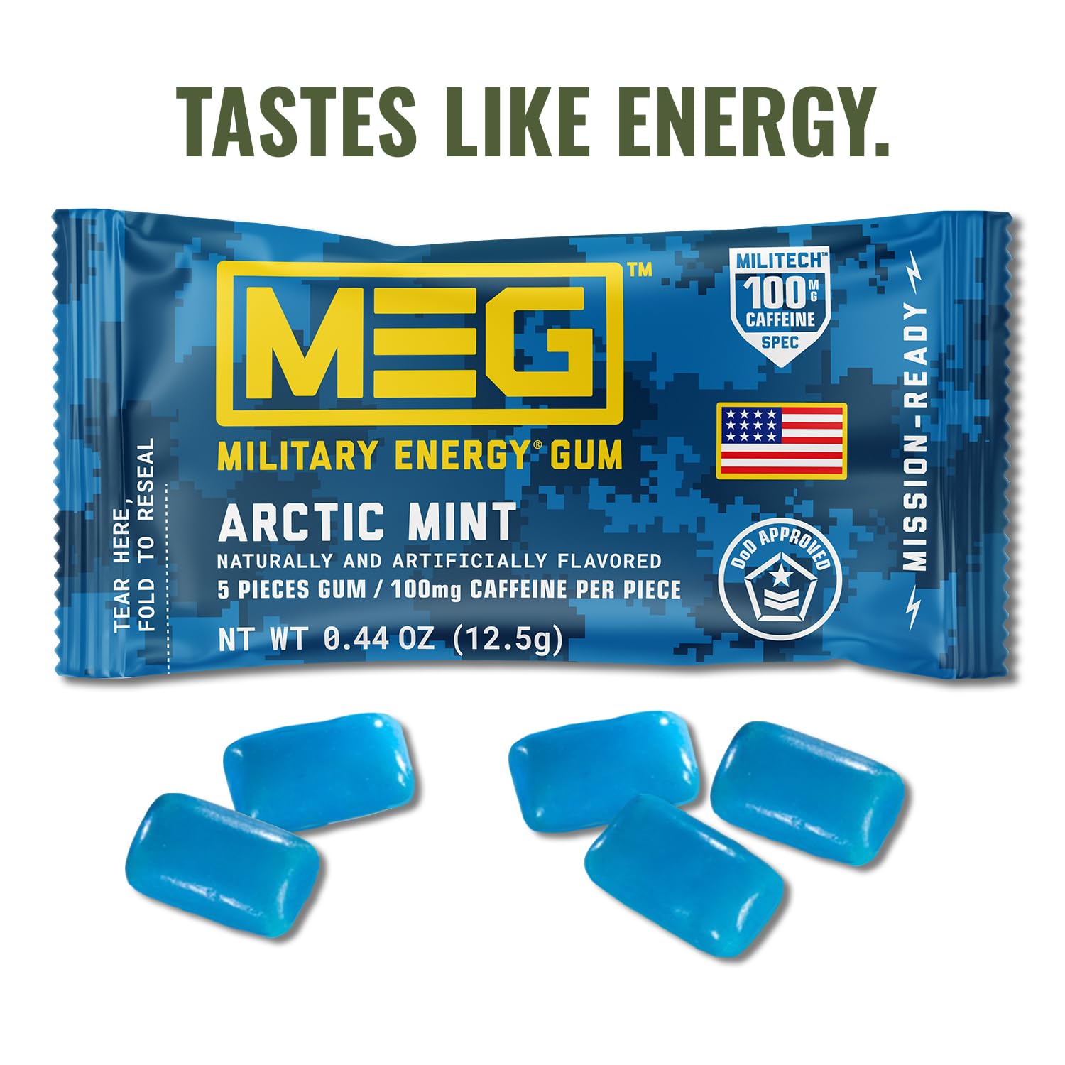MEG Arctic Mint gum piece delivering a quick caffeine boost for workouts.