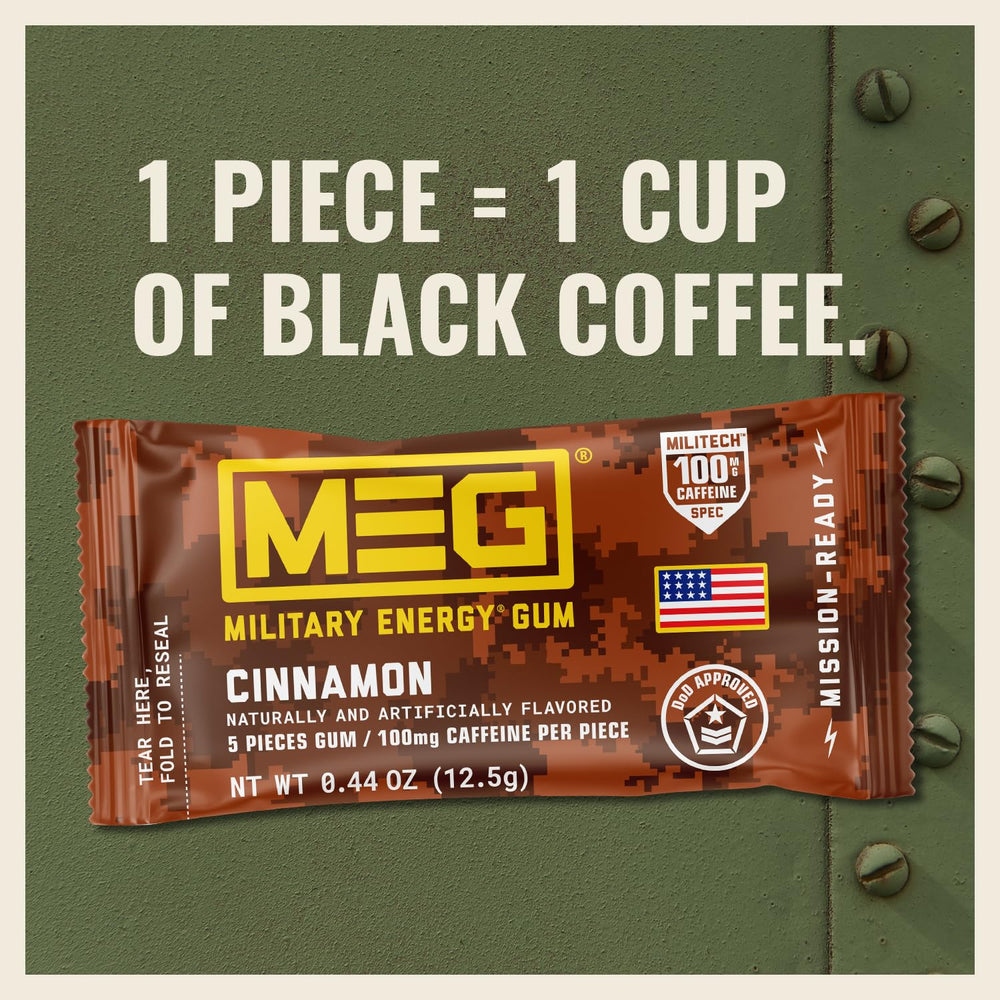 MEG Cinnamon Energy Gum packaging with USA-made label emphasizes quality.