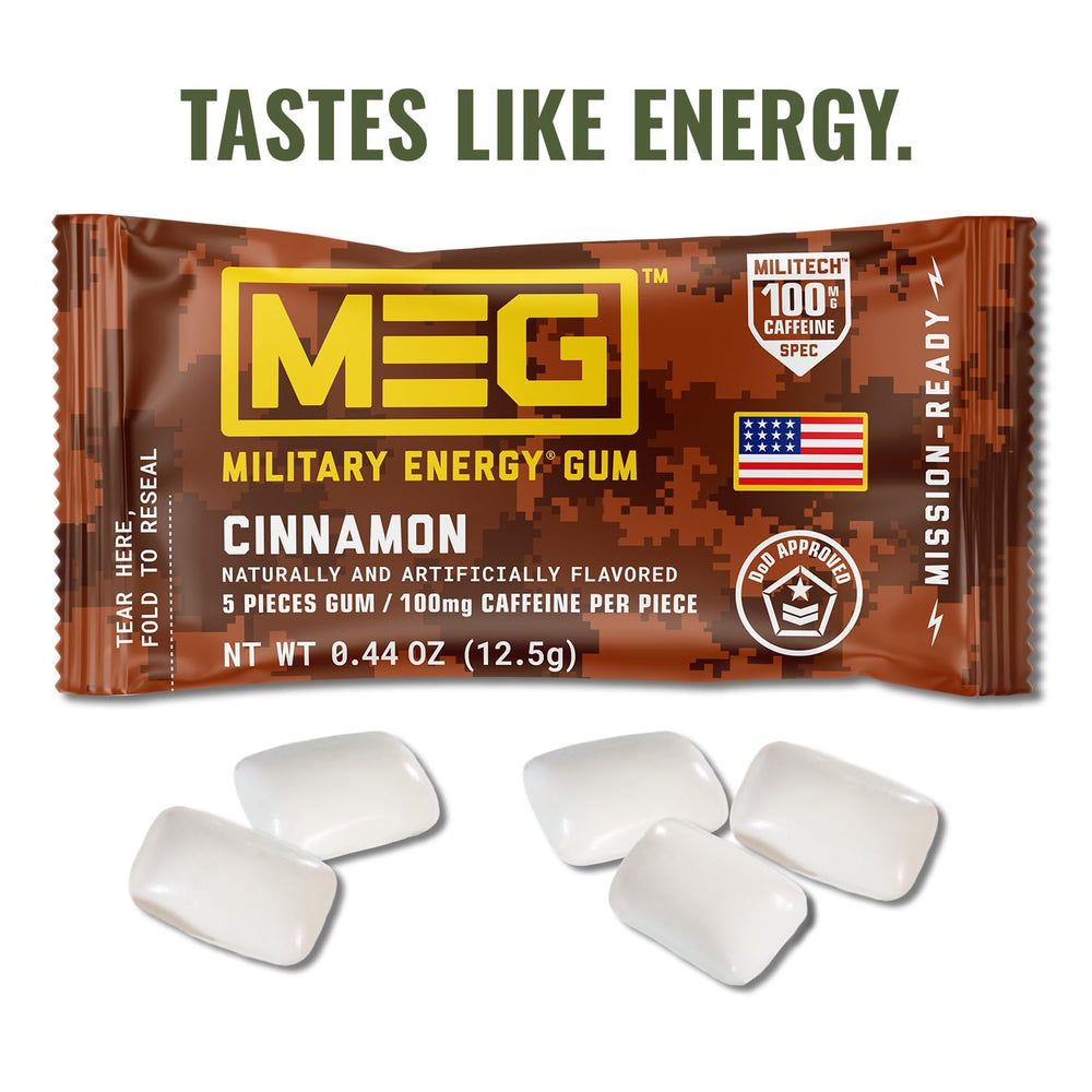 MEG Cinnamon Energy Gum pack-open shows on-the-go energy for training sessions.