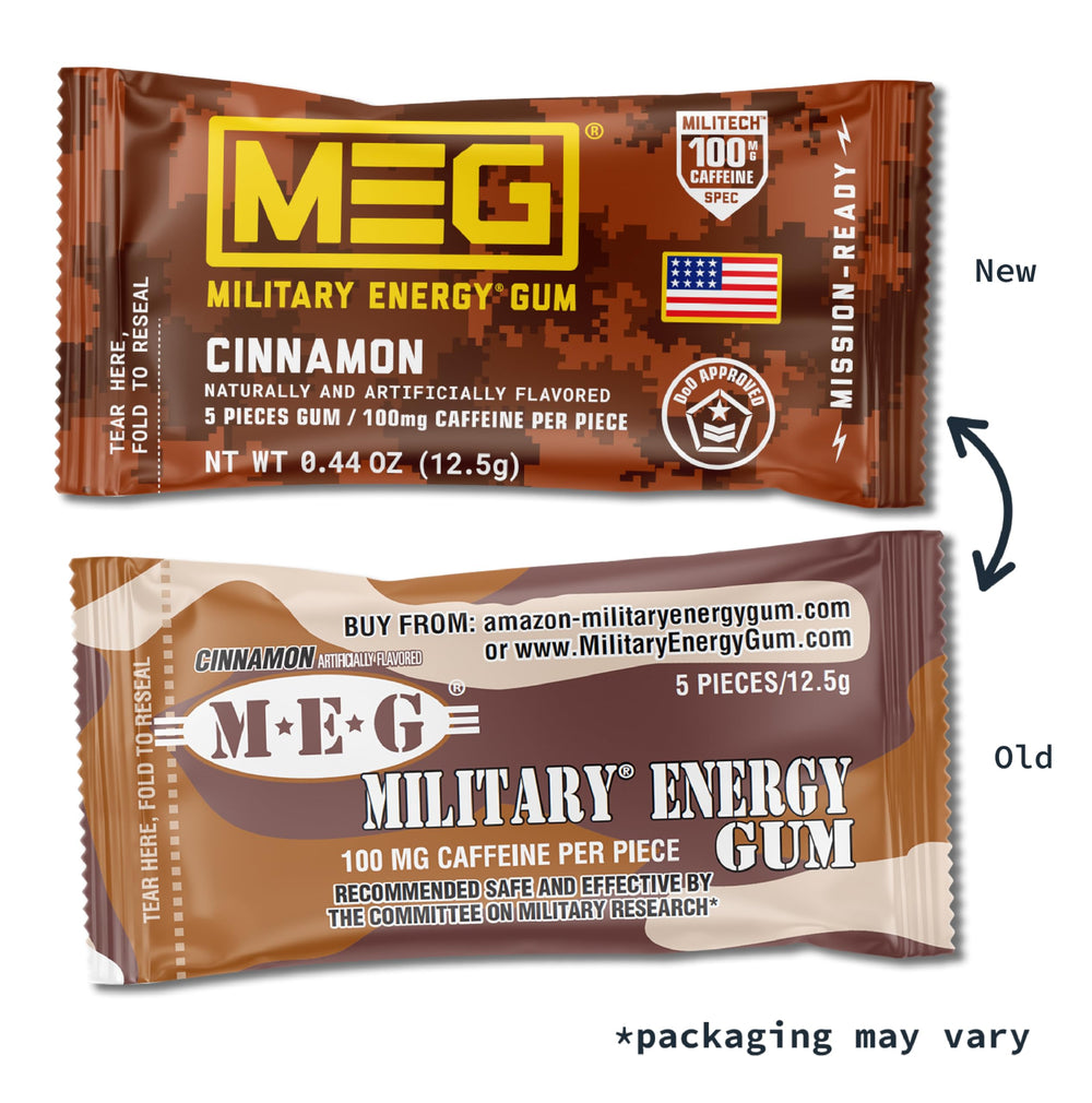 MEG Cinnamon Energy Gum piece-closeup displays chewable caffeine source.