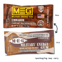 MEG Cinnamon Energy Gum piece-closeup displays chewable caffeine source.