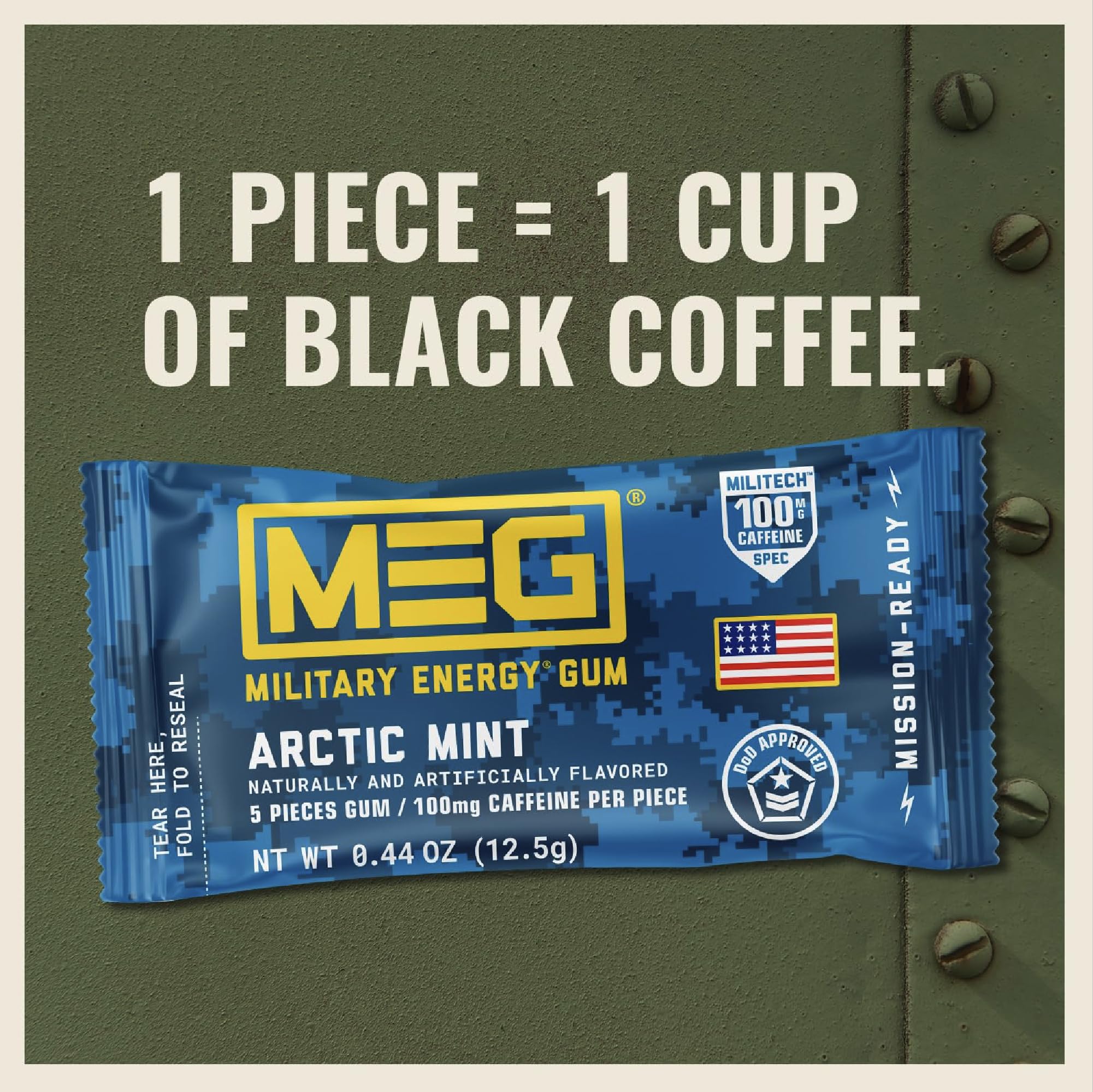 MEG Military Energy Gum 100mg caffeine detail close-up