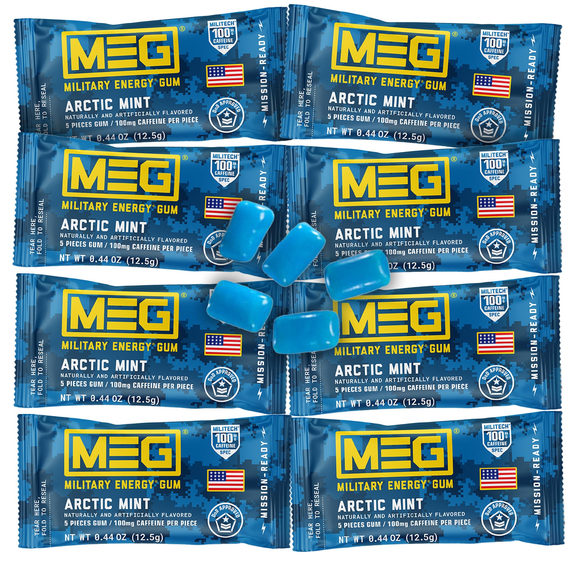 MEG Military Energy Gum Arctic Mint pack front view for quick boost