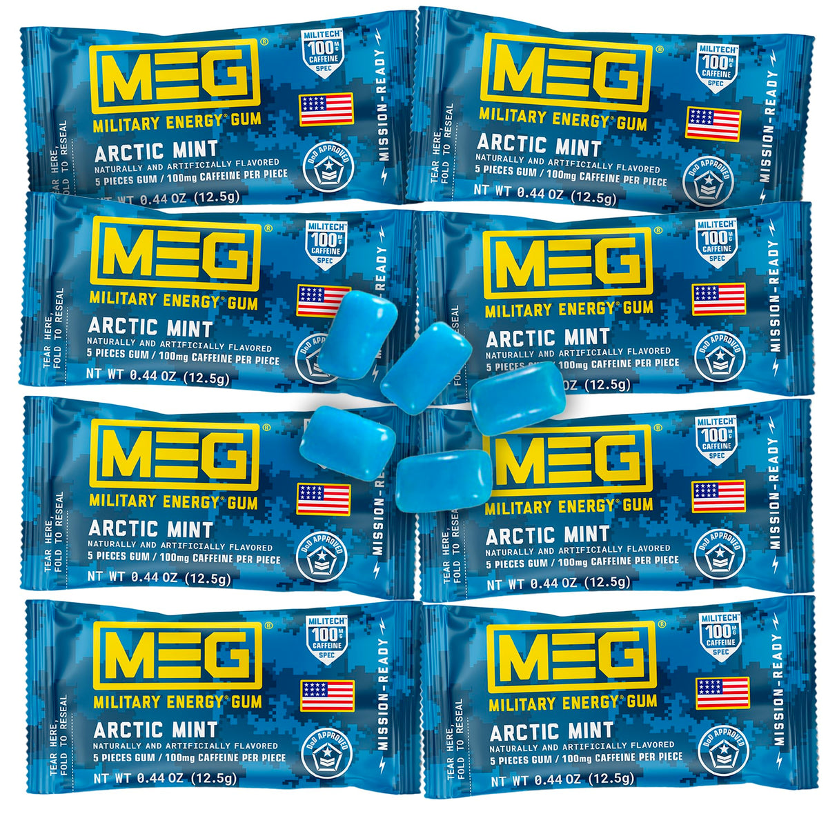 MEG Military Energy Gum Arctic Mint pack front view for quick boost