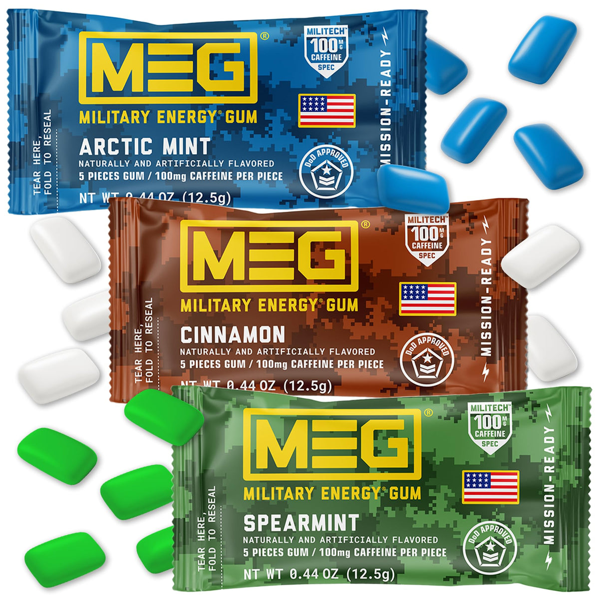 MEG Military Energy Gum Arctic Mint pack shows refreshing flavor and portable on-the-go design.