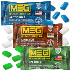 MEG Military Energy Gum Arctic Mint pack shows refreshing flavor and portable on-the-go design.