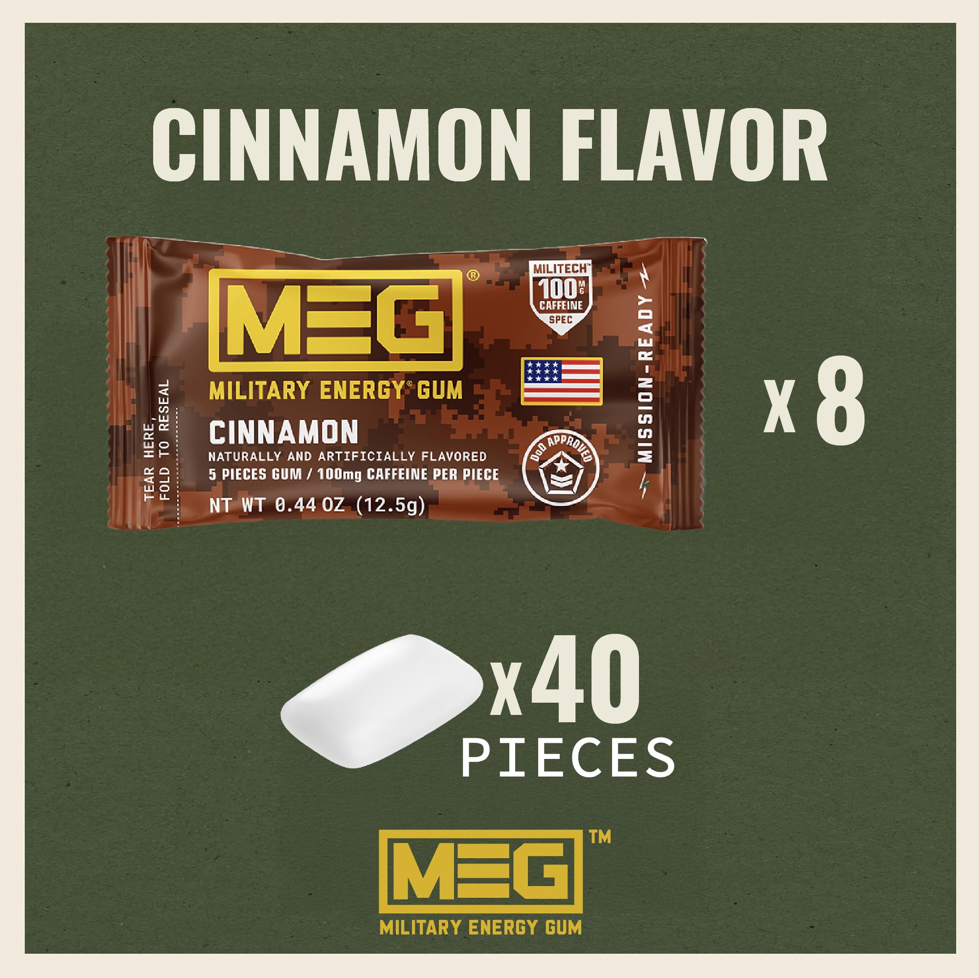 MEG Military Energy Gum box highlighting cinnamon flavor and portability