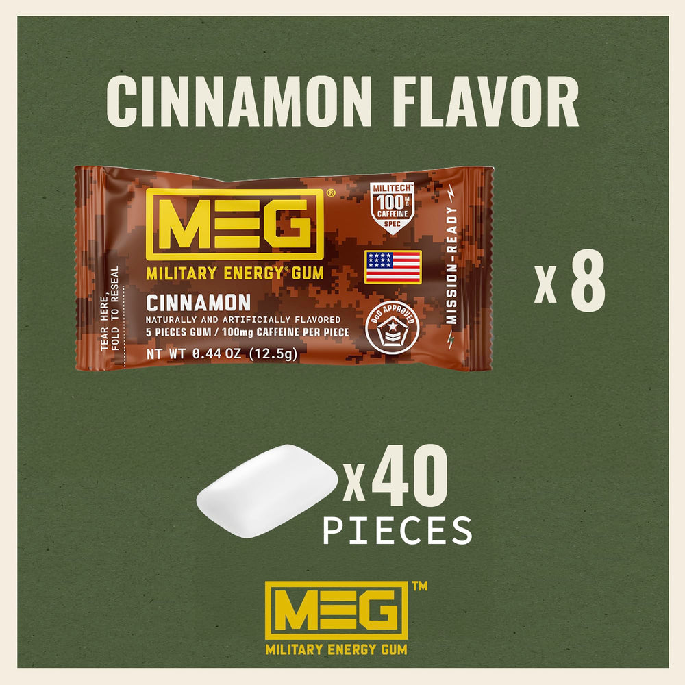 MEG Military Energy Gum box highlighting cinnamon flavor and portability