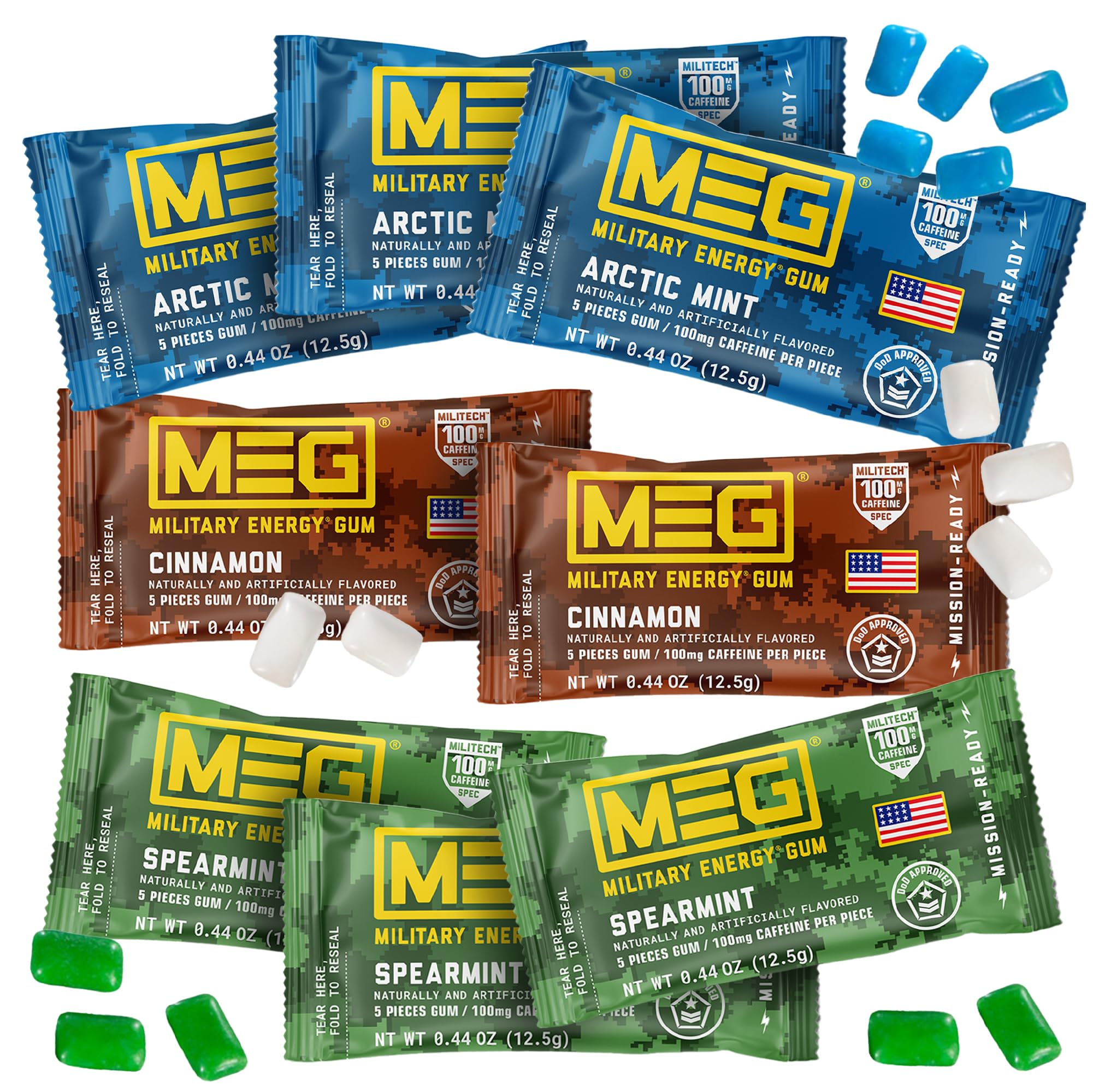 MEG Military Energy Gum piece showing 100 mg caffeine for quick focus.
