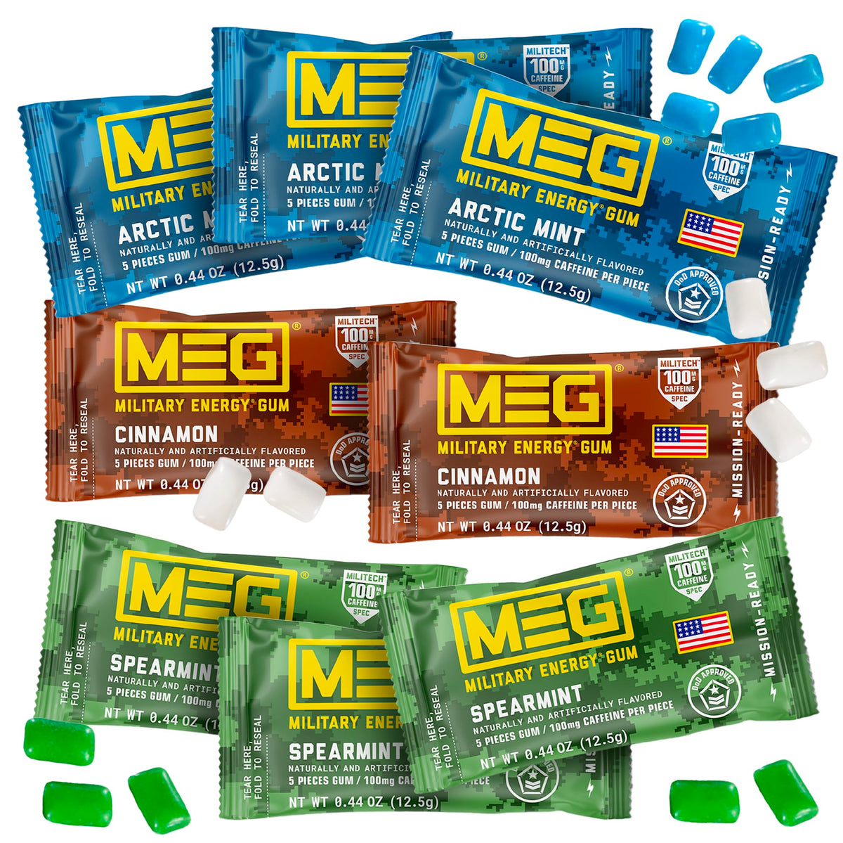 MEG Military Energy Gum piece showing 100 mg caffeine for quick focus.