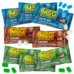 MEG Military Energy Gum piece showing 100 mg caffeine for quick focus.