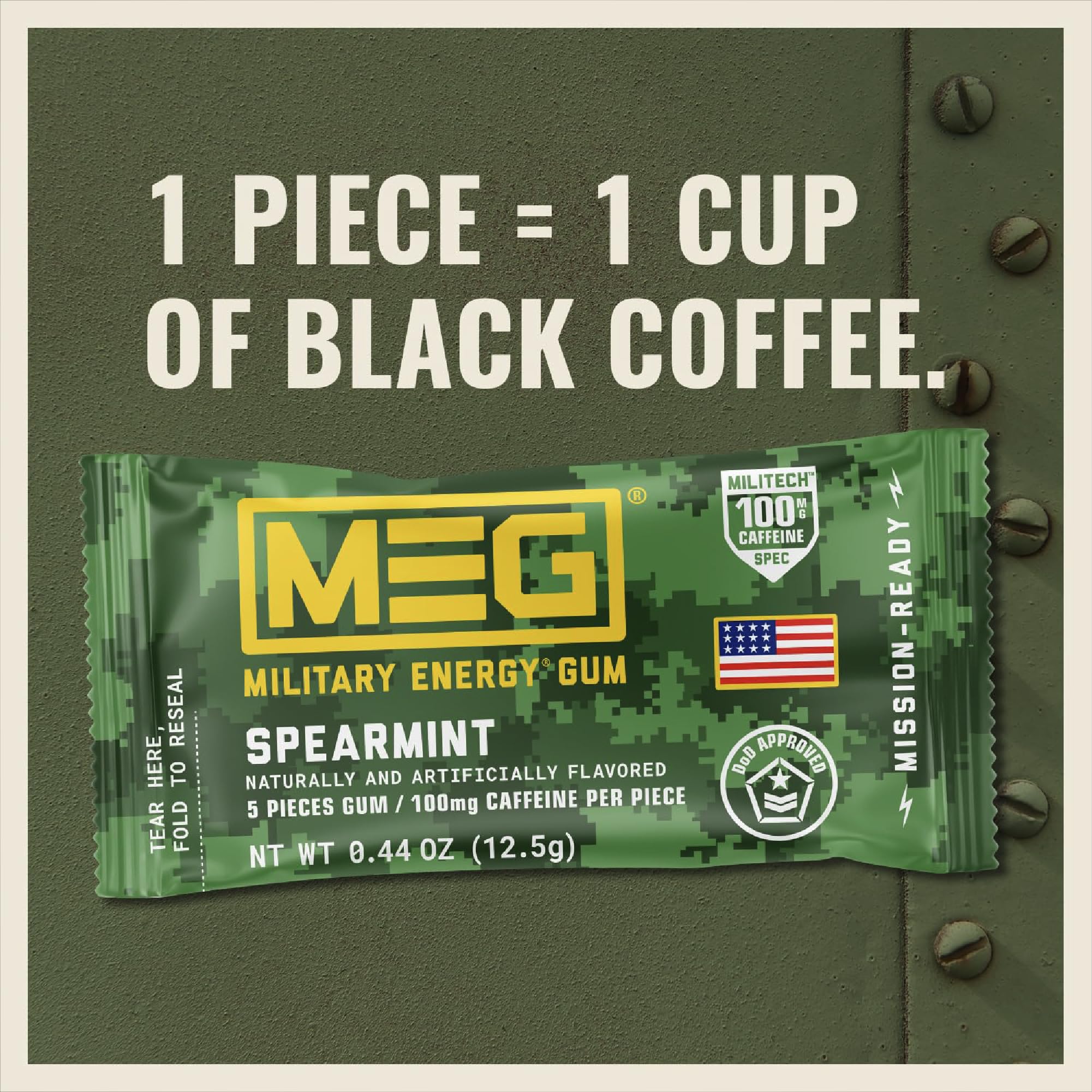 MEG Military Energy Gum Spearmint pack highlighting fresh focus.