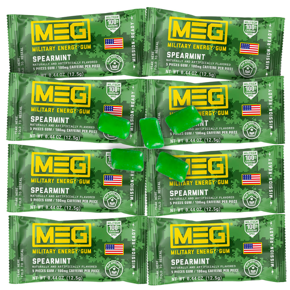 MEG Military Energy Gum packaging shows spearmint flavor for quick on-the-go energy.