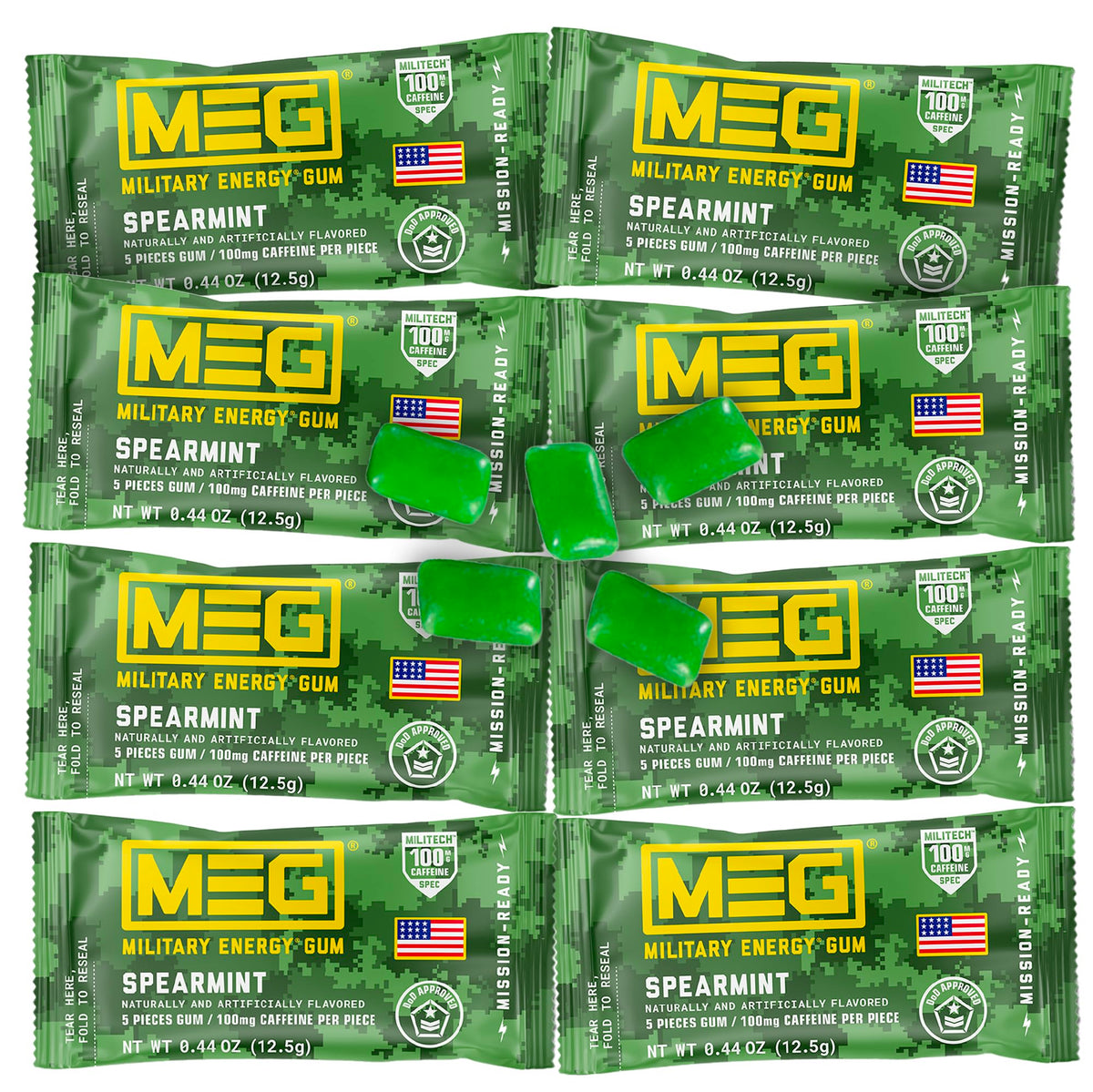 MEG Military Energy Gum packaging shows spearmint flavor for quick on-the-go energy.