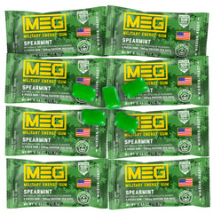 MEG Military Energy Gum packaging shows spearmint flavor for quick on-the-go energy.